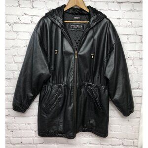 Vtg WILSON Black Genuine Leather Hooded Jacket Coat Cinch Waist Pockets Sz M